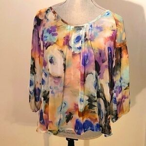 Lily White Womans Round Neck Spring Floral Open Back Sheer Blouse, Size: S
